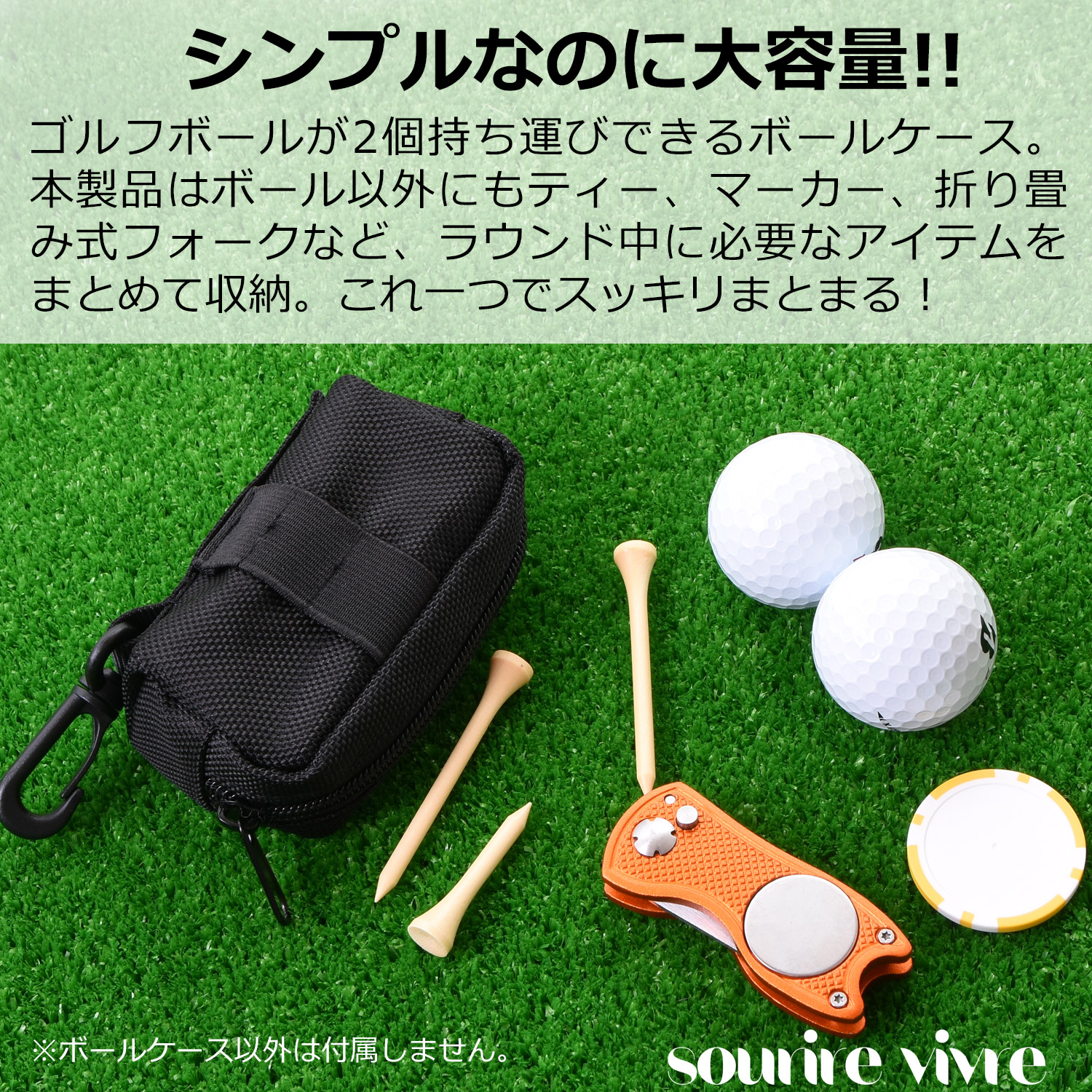 ゴルフボールケース 2個入れ用 ティ刺し付 ブラック - 画像 (2)